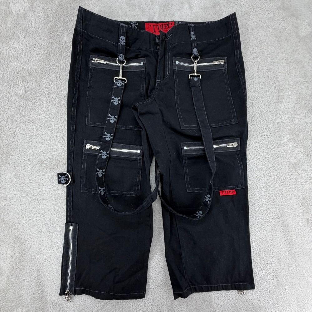 Vintage Y2K Tripp NYC Womens Size 3 Black Skull Bondage Pants Preowned Chains
